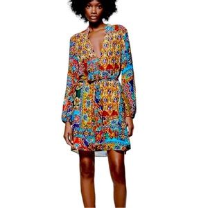 ZARA PRINT DRESS WITH BELT MULTICOLORED SIZE XS